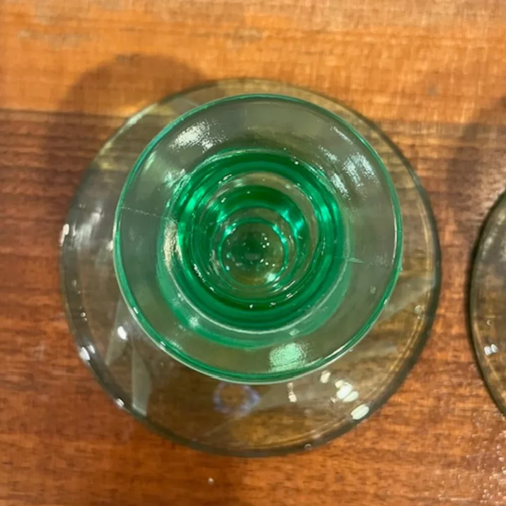 Pair Vintage Green Depression Uranium Glass Candle Stick Holder Etched Leaf Base